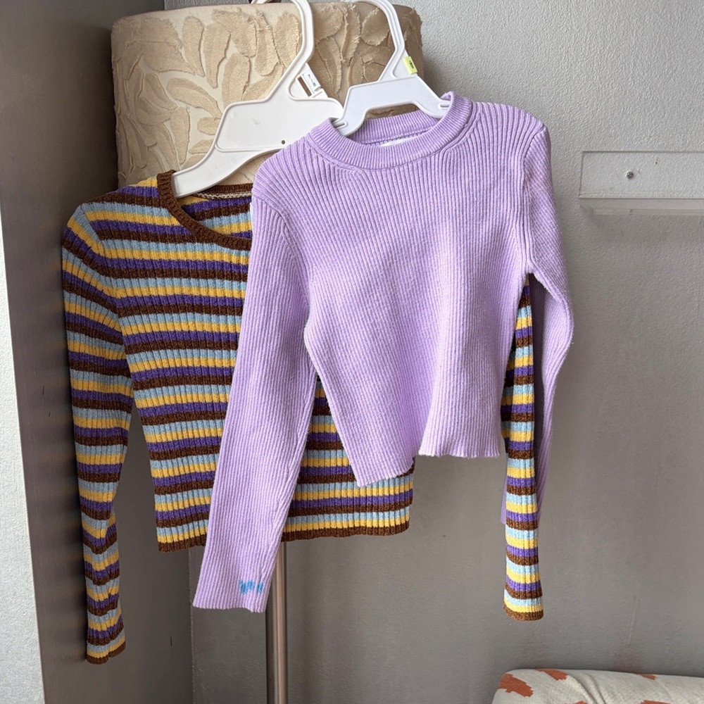 Zara Lilac Ribbed Crewneck Sweater and Striped Multicolor Layer sweater bundle
